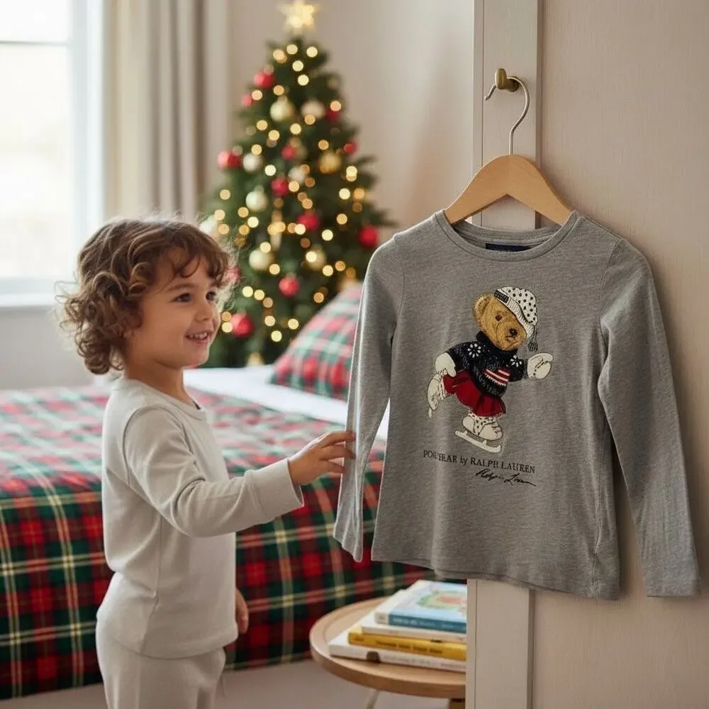 Polo Ralph Lauren Bear Girls Ice Skating Bear Long Sleeve Cotton Tshirt Y2K